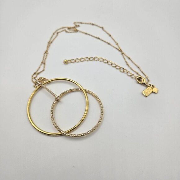 Kate Spade Gold-Tone Double Circle Pendant Necklace Rhinestones Long 20-24" - Picture 4 of 7